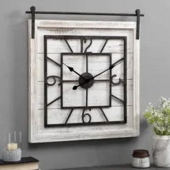Clocks-Kirkland's Home Whitewashed Sliding Barn Door Wall Clock