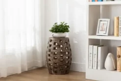 Accent & End Tables-Kirkland's Home Whitewashed Wood Barrel Patterned Side Table Brown