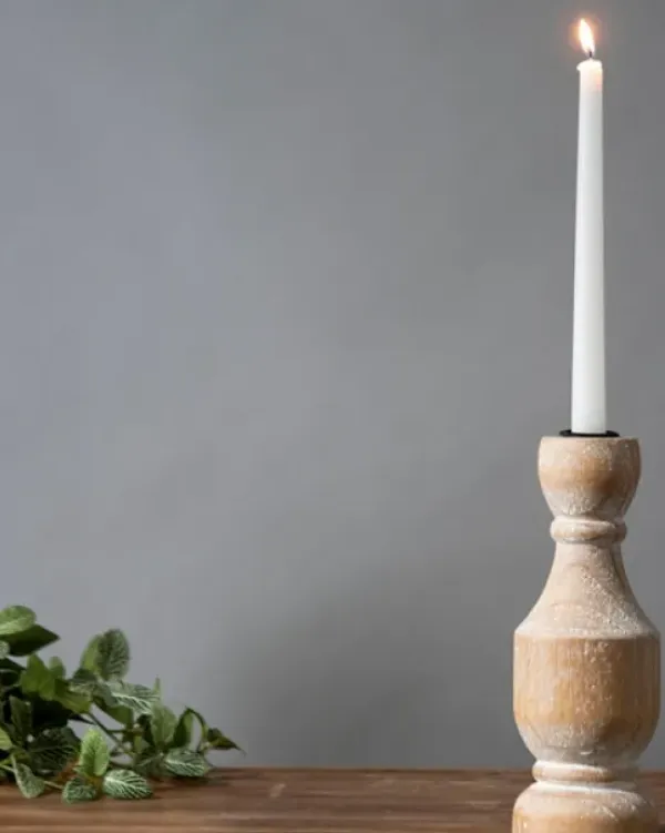 Candle Holders-Kirkland's Home Whitewashed Wood Taper Candle Holder, 9 In. Tan/Brown