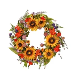 Wreaths-Kirkland's Home Wild Garden Sunflower Mix Wreath Green/Yellow/Orange/Purple