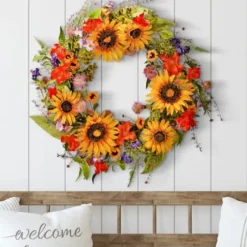 Wreaths-Kirkland's Home Wild Garden Sunflower Mix Wreath Green/Yellow/Orange/Purple