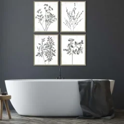 Framed Art-Kirkland's Home Wild Golden Floral 4-Pc. Framed Art Print Set Black/White