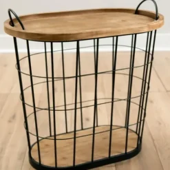 Accent & End Tables-Kirkland's Home Wire And Natural Wood Basket Side Table Black