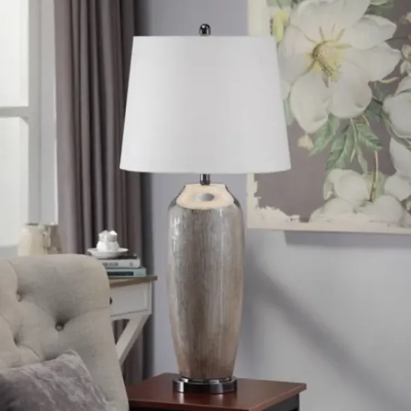 Table Lamps-Kirkland's Home Wire-Brushed Silver And Brown Column Table Lamp White