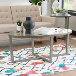 Coffee Tables-Kirkland's Home Wood & Glass Top 3-Pc. Table Set Gray
