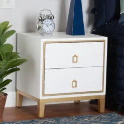 Nightstands-Kirkland's Home Wood & Gold Accent 2-Drawer Nightstand White