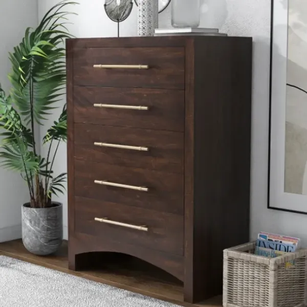Dressers & Chests-Kirkland's Home Wood & Gold Hardware 5-Drawer Chest Brown