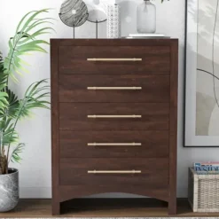 Dressers & Chests-Kirkland's Home Wood & Gold Hardware 5-Drawer Chest Brown
