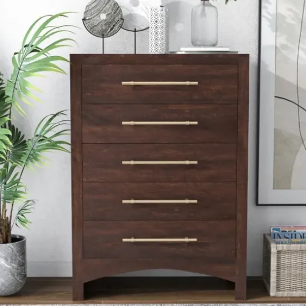 Dressers & Chests-Kirkland's Home Wood & Gold Hardware 5-Drawer Chest Brown