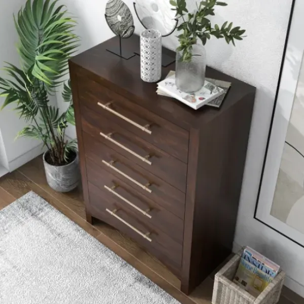 Dressers & Chests-Kirkland's Home Wood & Gold Hardware 5-Drawer Chest Brown