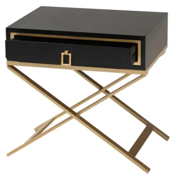 Nightstands-Kirkland's Home Wood & Gold X-Base Nightstand Black