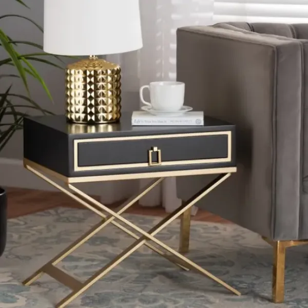 Nightstands-Kirkland's Home Wood & Gold X-Base Nightstand Black