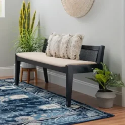 Benches & Ottomans-Kirkland's Home Wood And Cane Upholstered Bench Black