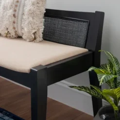 Benches & Ottomans-Kirkland's Home Wood And Cane Upholstered Bench Black