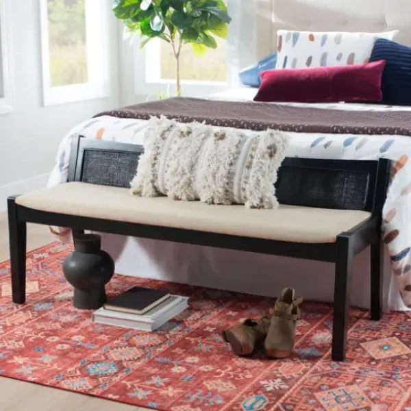 Benches & Ottomans-Kirkland's Home Wood And Cane Upholstered Bench Black