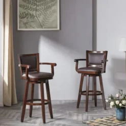 Bar Stools & Counter Height Stools-Kirkland's Home Wood And Faux Leather Swivel Bar Stool Brown