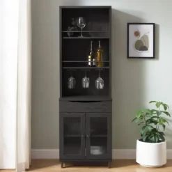 Kitchen Islands & Bar Carts-Kirkland's Home Wood And Glass 2-Door Bar Cabinet Black