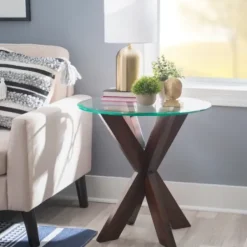 Accent & End Tables-Kirkland's Home Wood And Glass Top X-Base Accent Table Brown