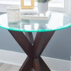Accent & End Tables-Kirkland's Home Wood And Glass Top X-Base Accent Table Brown