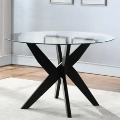 Dining Tables-Kirkland's Home Wood And Glass X-Base Dining Table Black