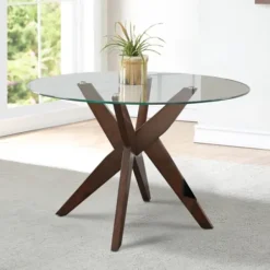 Dining Tables-Kirkland's Home Wood And Glass X-Base Dining Table Brown
