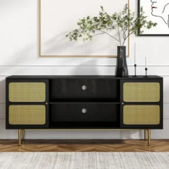 Tv Stands & Media Consoles-Kirkland's Home Wood And Gold Paneled 2-Door Tv Stand Black