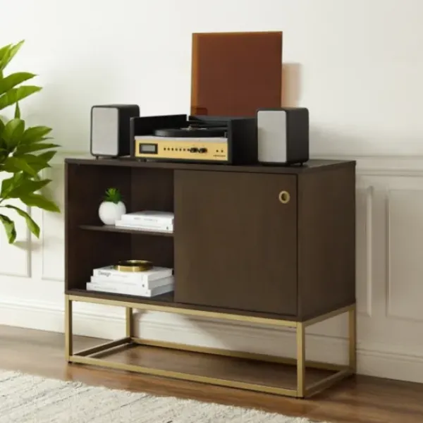 Tv Stands & Media Consoles-Kirkland's Home Wood And Gold Record Storage Media Cabinet Brown