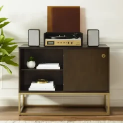Tv Stands & Media Consoles-Kirkland's Home Wood And Gold Record Storage Media Cabinet Brown