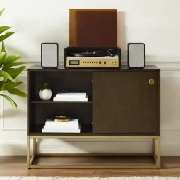Tv Stands & Media Consoles-Kirkland's Home Wood And Gold Record Storage Media Cabinet Brown