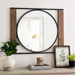Decorative Mirrors-Kirkland's Home Wood And Metal Framed Round Industrial Mirror