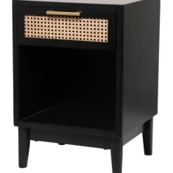 Nightstands-Kirkland's Home Wood And Natural Rattan Drawer Nightstand Black