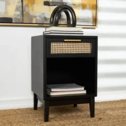 Nightstands-Kirkland's Home Wood And Natural Rattan Drawer Nightstand Black