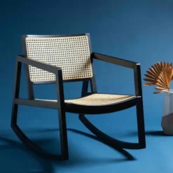 Accent Chairs-Kirkland's Home Wood And Natural Rattan Rocking Chair Black