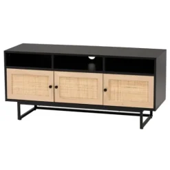 Tv Stands & Media Consoles-Kirkland's Home Wood And Rattan 3-Door Tv Stand Black