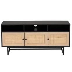 Tv Stands & Media Consoles-Kirkland's Home Wood And Rattan 3-Door Tv Stand Black