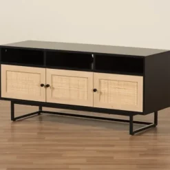 Tv Stands & Media Consoles-Kirkland's Home Wood And Rattan 3-Door Tv Stand Black