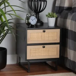Nightstands-Kirkland's Home Wood And Rattan 2-Drawer Nightstand Black