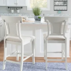 Bar Stools & Counter Height Stools-Kirkland's Home Wood And Rattan Upholstered Counter Stool White