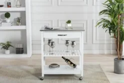 Kitchen Islands & Bar Carts-Kirkland's Home Wood And Stainless Steel Top Kitchen Cart White