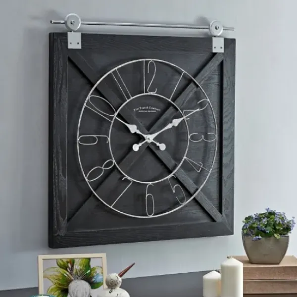 Clocks-Kirkland's Home Wood Barn Door Clock Black