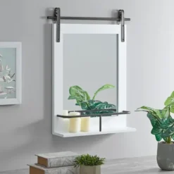 Decorative Mirrors-Kirkland's Home Wood Barn Door Frame With Shelf Wall Mirror White