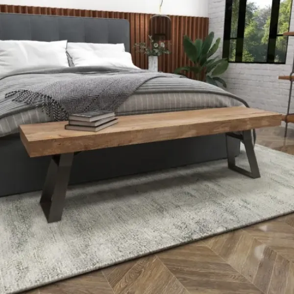 Entryway Furniture-Kirkland's Home Wood Bench With Dark Gray Iron Base Brown/Gray