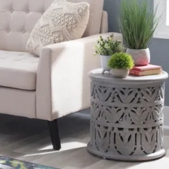 Accent & End Tables-Kirkland's Home Wood Carved Detail Accent Table Gray