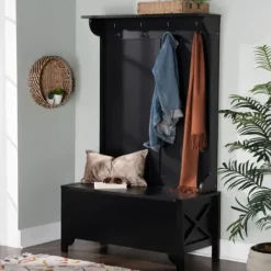 Entryway Furniture-Kirkland's Home Wood Classic Farmhouse Hall Tree Black