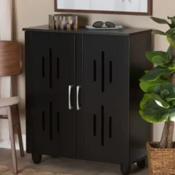 Entryway Furniture-Kirkland's Home Wood Cut-Out Shoe Storage Cabinet Black