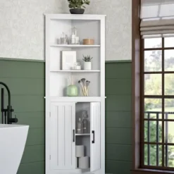 Bathroom Furniture-Kirkland's Home Wood 2-Door Corner Storage Cabinet White