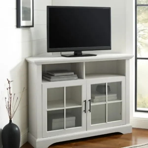 Tv Stands & Media Consoles-Kirkland's Home Wood Glass Pane Door Corner Tv Stand White