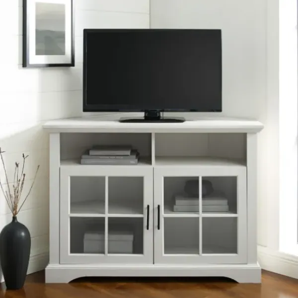 Tv Stands & Media Consoles-Kirkland's Home Wood Glass Pane Door Corner Tv Stand White
