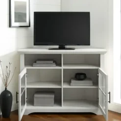 Tv Stands & Media Consoles-Kirkland's Home Wood Glass Pane Door Corner Tv Stand White
