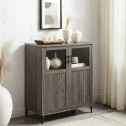 Cabinets & Sideboards-Kirkland's Home Wood Glass Windows Storage Cabinet Gray